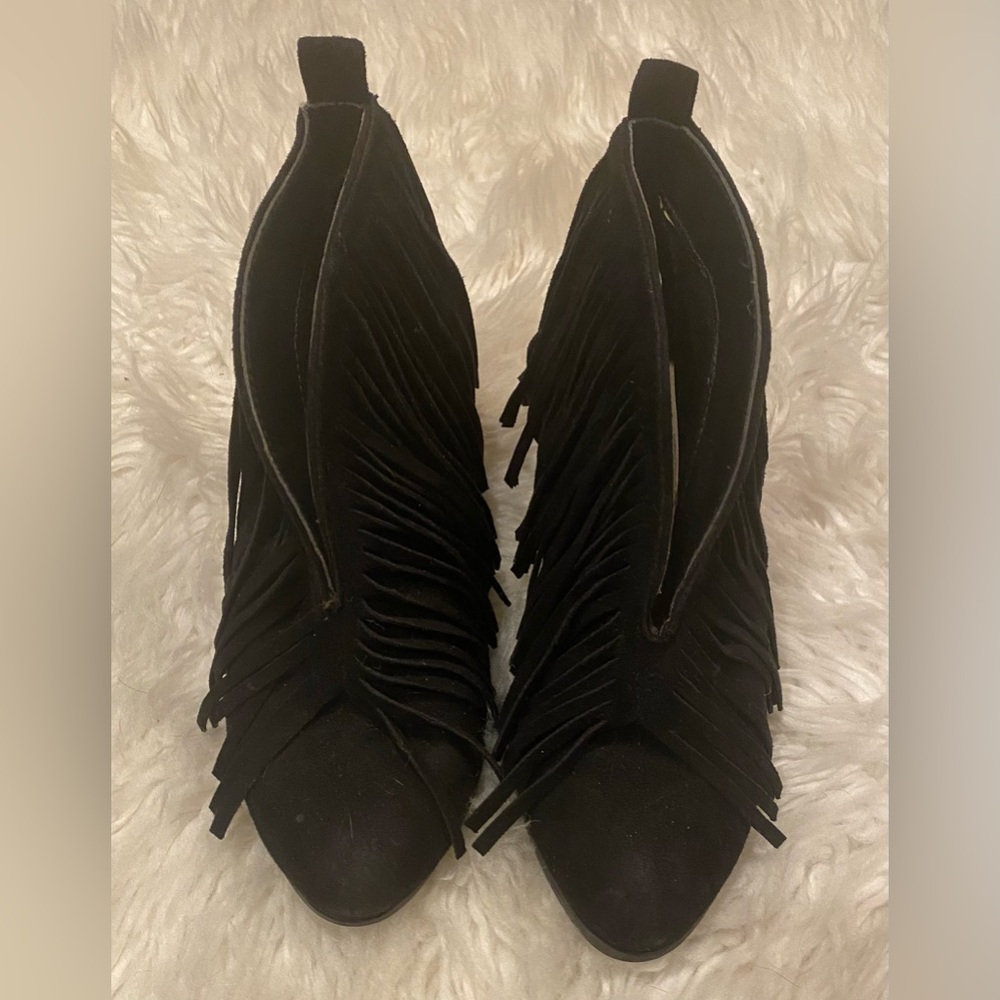 Black Suede Fringe Booties Size 6 — Western Ankle Boots with Block Heel